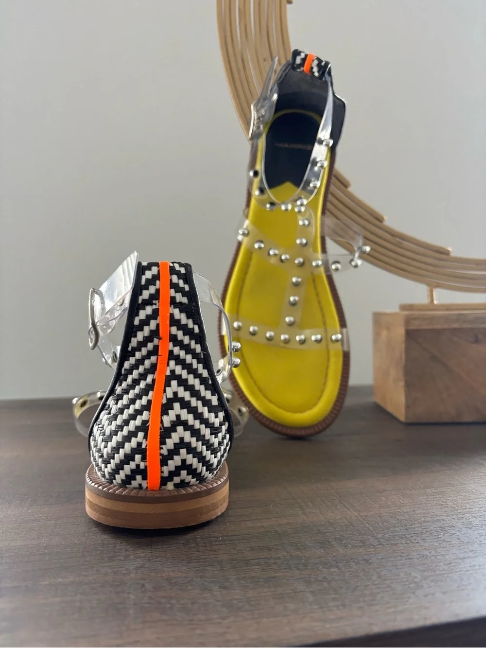 MAKRIS Clear Studded Woven Sandals with Yellow Insole